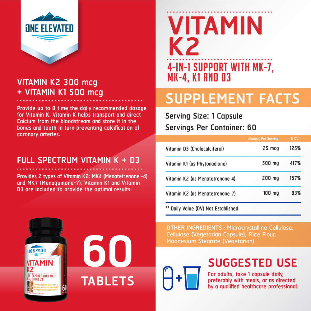 8X Strength Natural Vitamin K2 Formula. Provides 4-in-1 Support with MK-7, MK-4, K1 and D3 with Maximum Absorption for Stronger Bones and Cardiovascular Health 60 Capsules