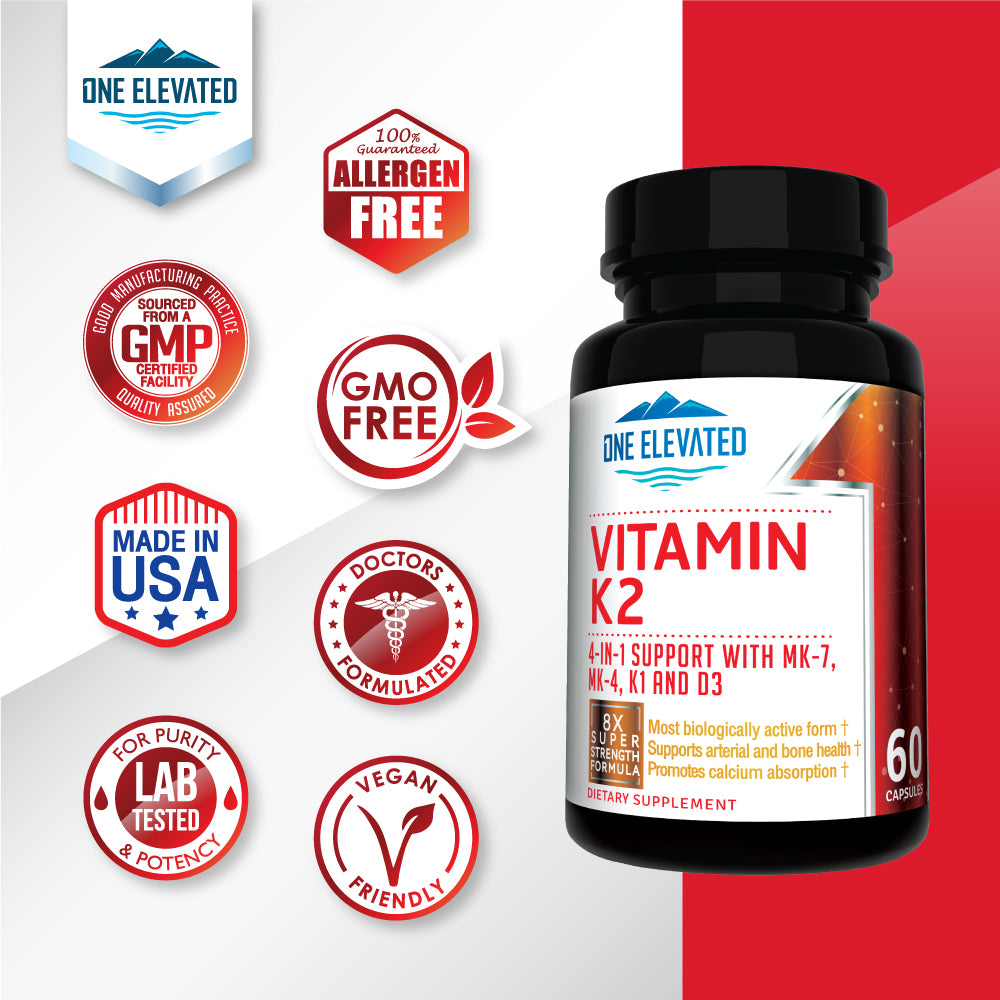 8X Strength Natural Vitamin K2 Formula. Provides 4-in-1 Support with MK-7, MK-4, K1 and D3 with Maximum Absorption for Stronger Bones and Cardiovascular Health 60 Capsules